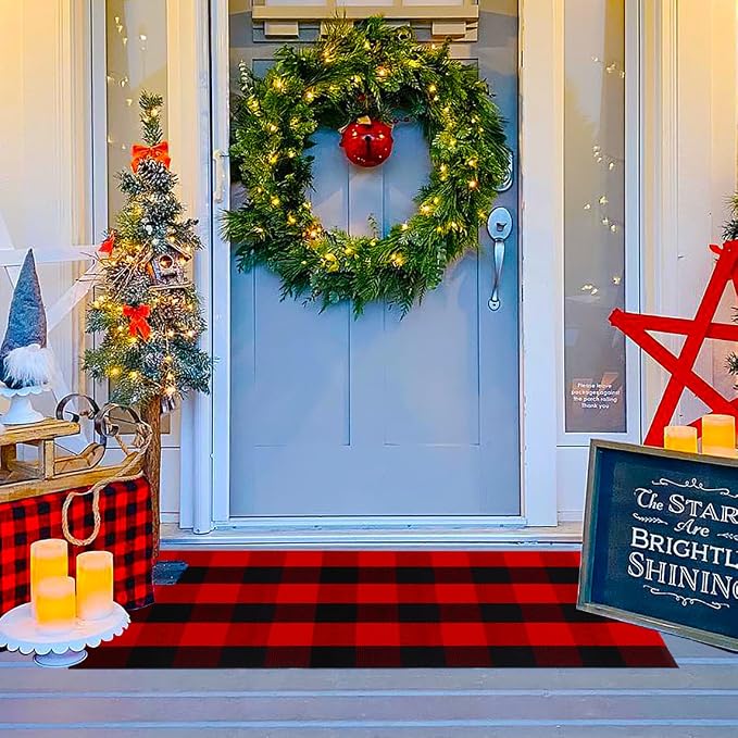 Ckorzen Red and Black Plaid Rug, 24" x 51" Christmas Front Porch Outdoor Rug, Handwoven Cotton Washable Rug for Layered Door Mats, Holiday Entryway and Home Décor