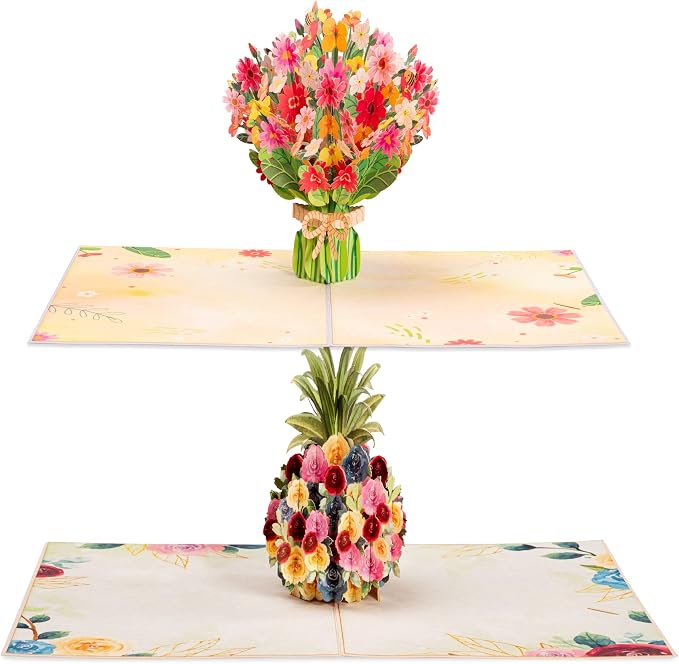 Paper Love Pop Up Cards 2 Pack - Includes 1 Spring Bouquet and 1 Floral PIneapple, For All Occasions, Mother Day, Birthday, Just Because- Includes Envelope and Note Tag