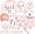 Oojami Sweet 16 Party Supplies for Girls, Serves 24 – Rose Gold Plates, Napkins, Cups, Table Covers, Balloons, Banner, Cake Topper & Candle – 16th Birthday Decorations Set