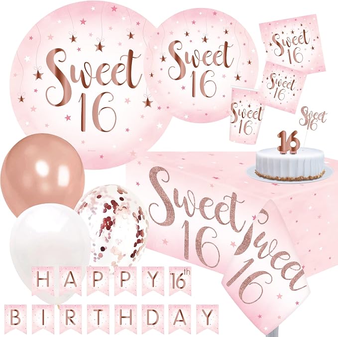 Oojami Sweet 16 Party Supplies for Girls, Serves 24 – Rose Gold Plates, Napkins, Cups, Table Covers, Balloons, Banner, Cake Topper & Candle – 16th Birthday Decorations Set
