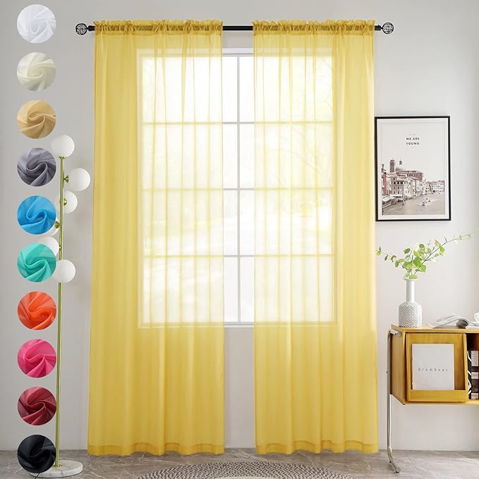 youleyar Solid Sheer Rod Pocket Curtain Voile Draperies 2 Panels White Beige Black Grey Coffee 52 Inch Width 63 Inch Long 1 Pair for Kitchen Bedroom Children Living Room Yard (Yellow,52Wｘ63L)