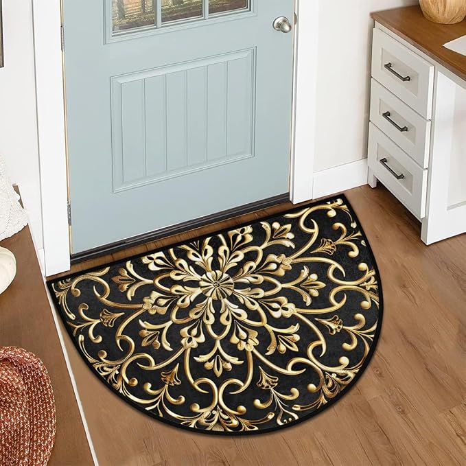 Half Round Door Mat Mandala Gold Ethnic Half Moon Rug Mandala Flower Washable Half Circle Area Rugs Indoor Entrance Non Slip Semi Circle Bathroom Rugs Floor Carpet for Kithen Bedroom Fireplace Decor