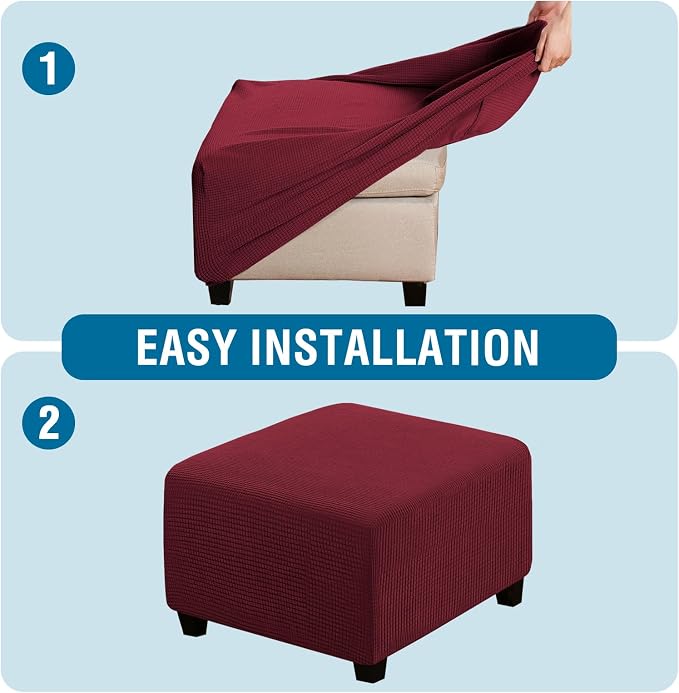H.VERSAILTEX Square Ottoman Covers Ottoman Slipcovers Folding Storage Stool Furniture Protector Form Fit with Elastic Bottom, Stretch High Spandex Small Checks Jacquard Fabric(Medium,Burgundy Red)