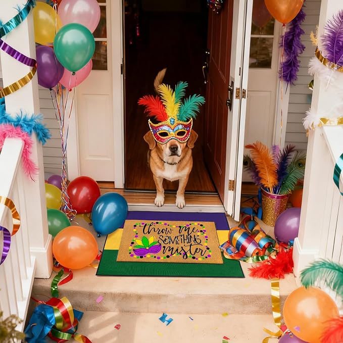 Moucuny 2 Pcs Mardi Gras Coir Doormat Outdoor Mardi Gras Welcome Outdoor Rug Layered Purple Yellow Green Stripe Rug for Carnival Front Porch Entryway Decor
