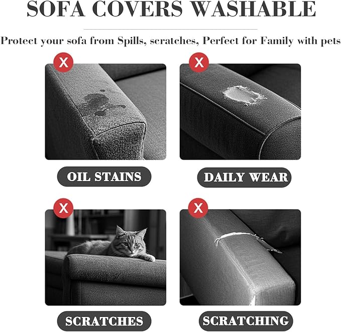2Pcs Couch Arm Covers, Armrest Cover for Sofa, Sofa Arms Covers Washable Arms with Twist Pins Soft,Skin-Friendly for Pets (Texture Light Gray, Armrest Cover)