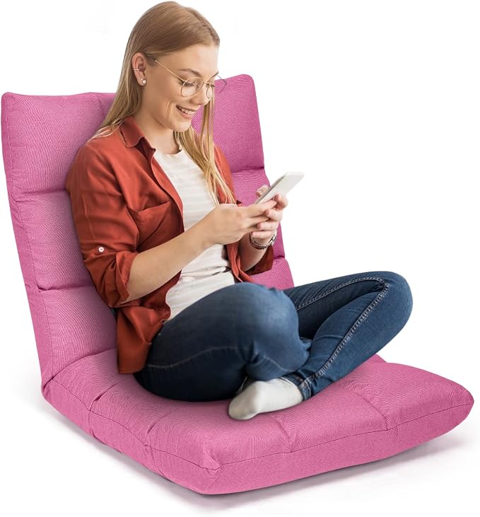 COSTWAY Floor Chair, Folding Gaming Chair with Back Support (Pink) | 14 Adjustable Positions, Alloy Steel Frame, Lazy Sofa Lounge for Playing Reading Meditating Room Recliner for Adults, Kids