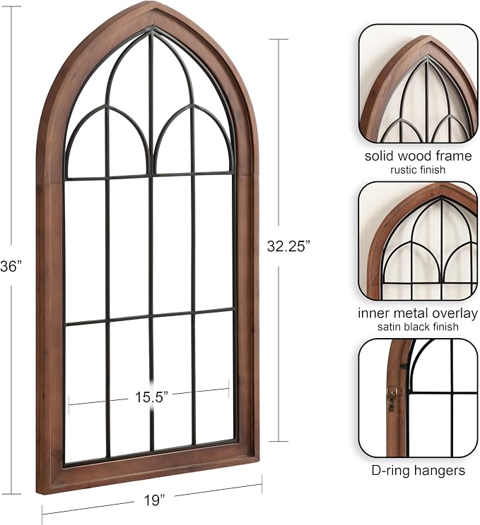 Kate and Laurel Rennell Farmhouse Arched Wall Art Plaque; 19 x 36; Walnut Brown and Black; Wood and Metal Windowpane Wall Decor for Use as Fireplace Mantel Decor or Entryway Wall Accent