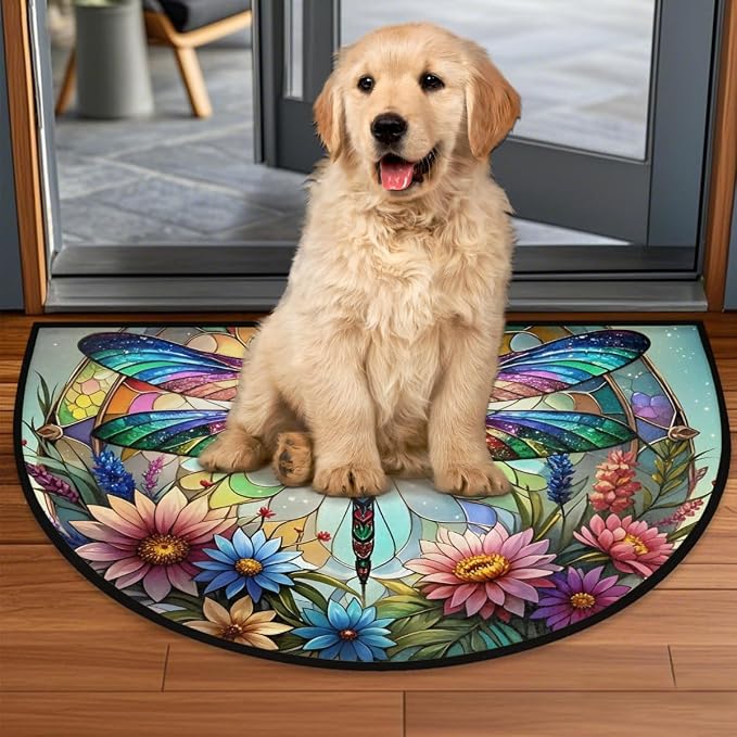 Pardick Half Round Doormat Glass Dragonfly Flower Semi Circle Rug Non Slip Indoor Outdoor Entrance Half Moon Rug Washable Front Floor Mat for Kitchen Bathroom Patio Fireplace Holiday Decor