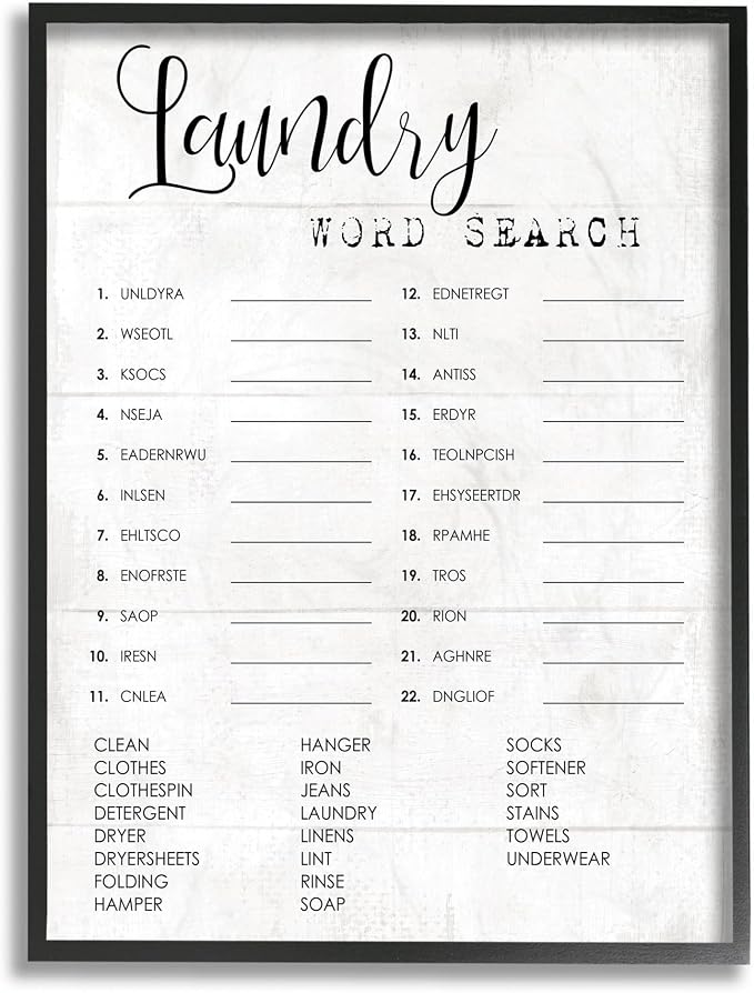 Stupell Industries 'Laundry Word Scramble Fun Family Word Design', Framed Giclee Art, Black, 11 x 14 Inches, Easy to Hang and Sturdy, Made in USA, by Lil' Rue