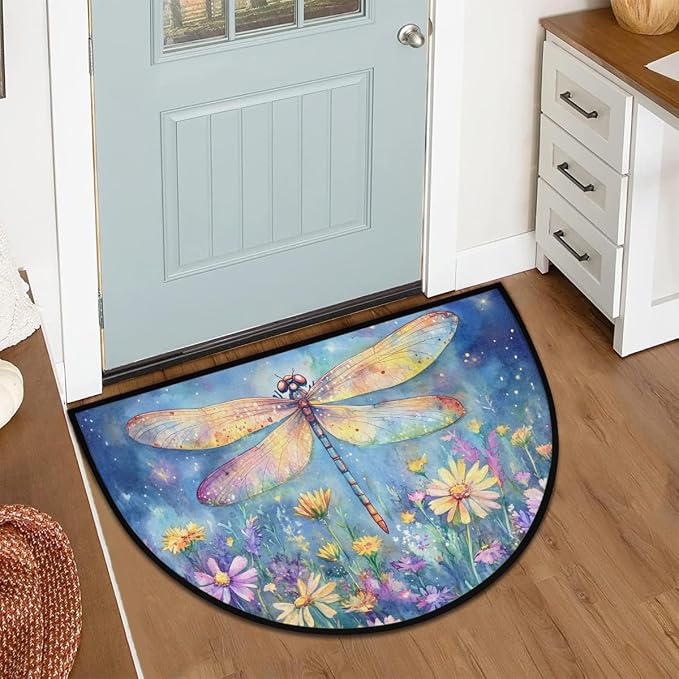 Dragonfly Half Round Door Mat Outdoor Doormat Bedroom Entrance Rug A16 | Dragonfly Flower Floral Semi Moon Door Mat Non-Slip Absorbent Kitchen Rug Indoor Welcome Bath Mat 36" X 24"