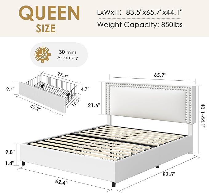 VECELO Queen Size Upholstered Bed Frame with 4 Storage Drawers, Adjustable Velvet Rivet Decor Headboard, Wooden Slats Platform Support, No Box Spring Needed, Easy Assembly,White