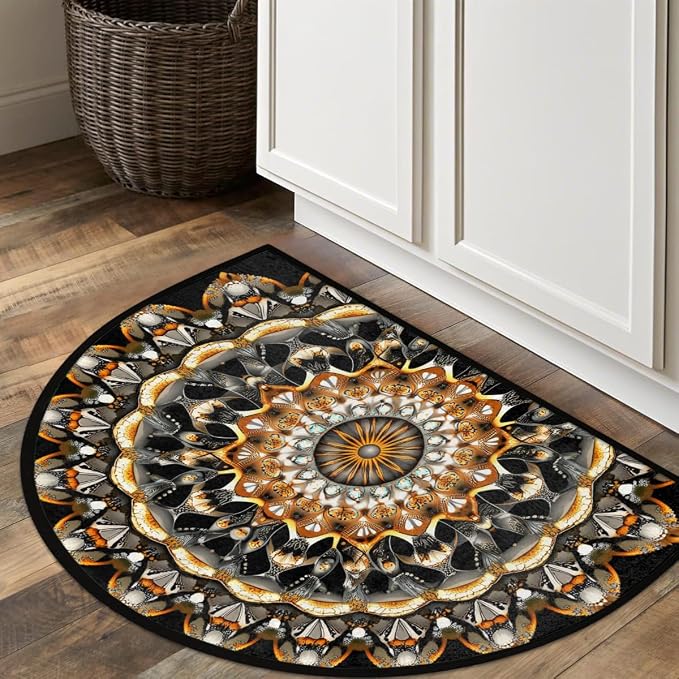Boho Bohemia Gold Half Round Door Mat Non-Slip Semi Circle Rug Washable Half Moon Floor Rug Absorbent Bathroom Area Rugs for Outdoor Indoor Fireplace Mat Entryway Kitchen Decor Rugs