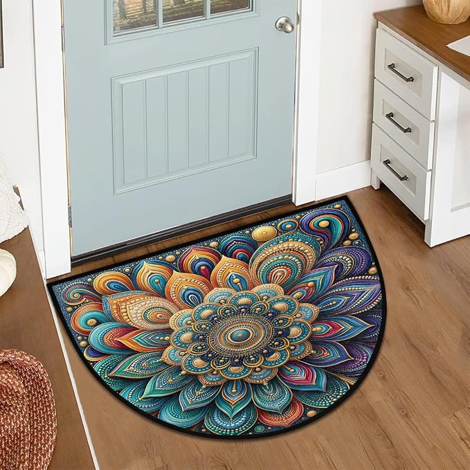Mandala Half Round Door Mat Semi Moon Rug Fireplace Carpet Area Rugs | Gold Elegant Non Slip Absorbent Half Circle Mat Carpet for Indoor Outdoor Patio Kitchen Bathroom Entryway Home Decor