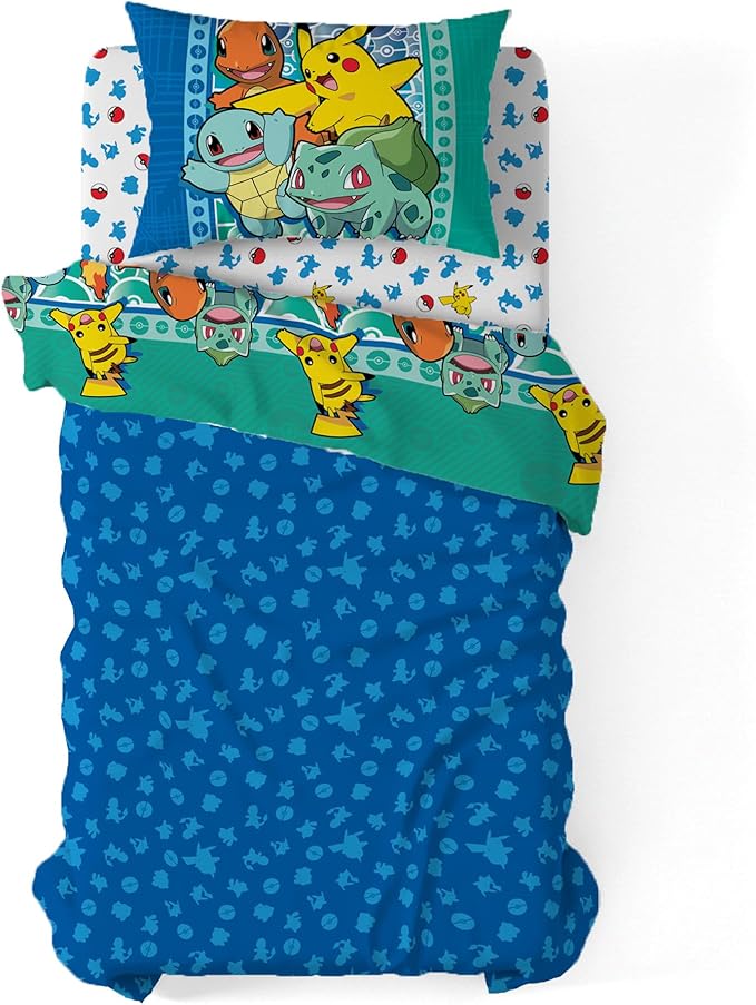 Northwest Pokemon First Starters Twin Size Bed in a Bag Set, Pikachu Charmander Squirtle Bulbasaur, Kids Boys Girls Bedding Comforter Sheets