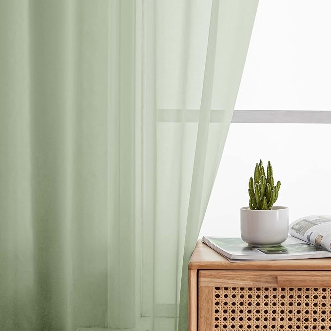 Sheer Light Green Curtains for Bedroom Living Room 90 Inches Long 2 Panels Set, Soft Airy Light Filtering Sheer Window Treatments, Modern Rod Pocket Curtains Drapes, Each 42" Wx90 L Inch