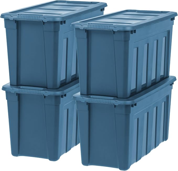 IRIS USA 4-Pack 31 Gal Heavy Duty Storage Totes with Lids, Navy | High-capacity heavy-duty design with easy-grip handles, Ideal for moving, garage storage, camping equipment and organization