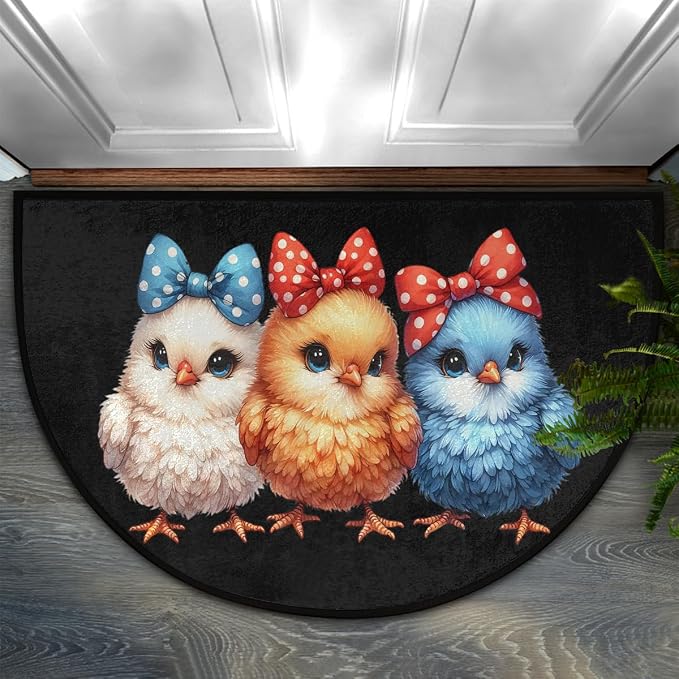 Half Round Doormat Colorful Animal Chick Washable Semi Circle Mat Non Slip Absorbent Half Moon Rugs for Indoor Outdoor Entrance Kitchen Bathroom Bedroom Patio Fireplace Floor Carpet Decor