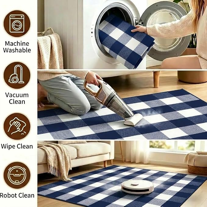 Buffalo Plaid Rug 2'4''x 3'7'' Navy Blue and White Front Door Mat Reversible Layered Porch Rug Washable Hand Woven Cotton Area Rug for Indoor Outdoor Entryway Patio Porch Decor