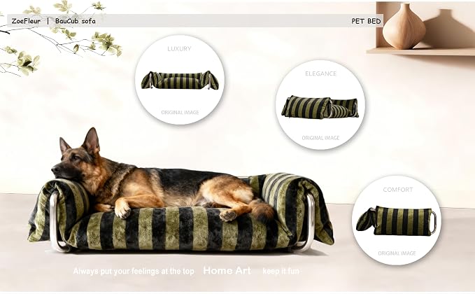 2-in-1 Human & Pet Elevated Dog Sofa, Striped Couch with Metal Frame & Foam, Indoor Pet Furniture