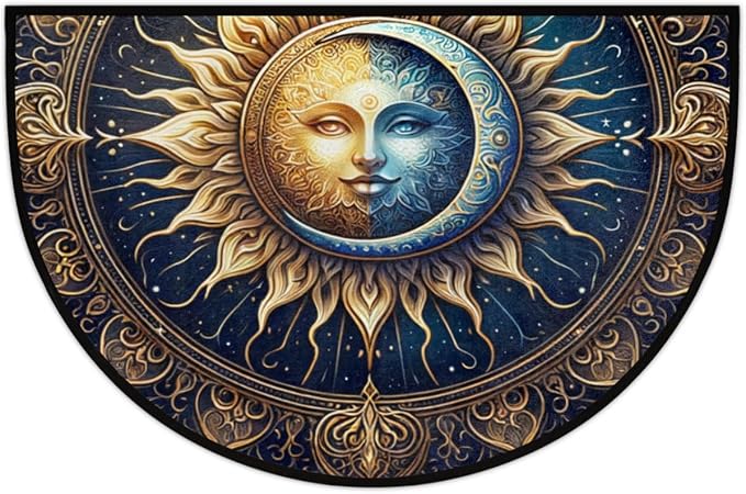 Ethnic Sun Boho Half Round Door Mat Non-Slip Semi Circle Rug Washable Half Moon Floor Rug Absorbent Bathroom Area Rugs for Outdoor Indoor Fireplace Mat Entryway Kitchen Decor Rugs