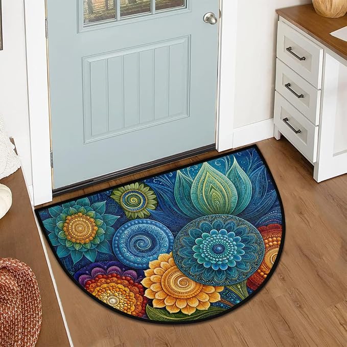 Mandala Half Round Door Mat Non Slip Half Circle Rugs | Flower Color Washable Half Moon Rug Semi Circle Rugs Indoor Entrance Floor Carpet for Kithen Bedroom Fireplace Decor