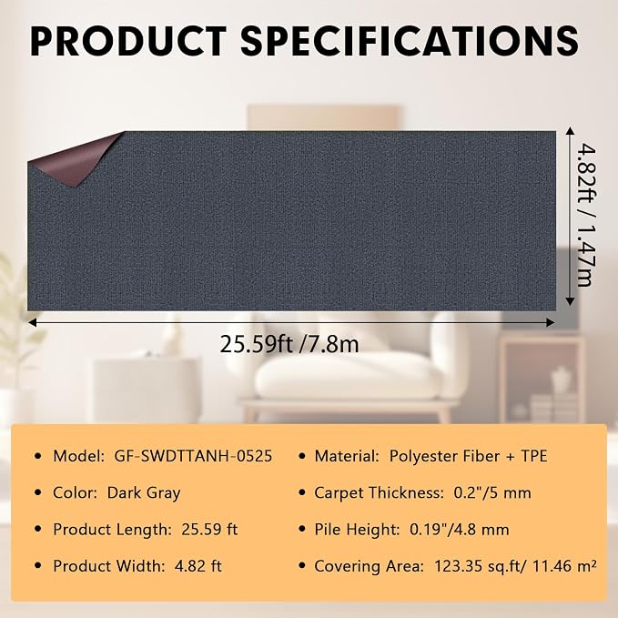 Grefinity Marine Carpet,5 FT x 25 FT Dark Gray Indoor Outdoor Carpet 0.2" Thick Boat Rug with Water-Proof TPE Backing for Home, Patio, Porch, Deck