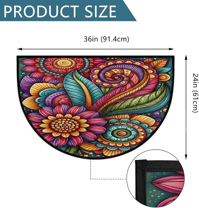Daisy Half Round Door Mat Semi Moon Rug Fireplace Carpet Area Rugs | Color Bohemia Non Slip Absorbent Half Circle Mat Carpet for Indoor Outdoor Patio Kitchen Bathroom Entryway Home Decor
