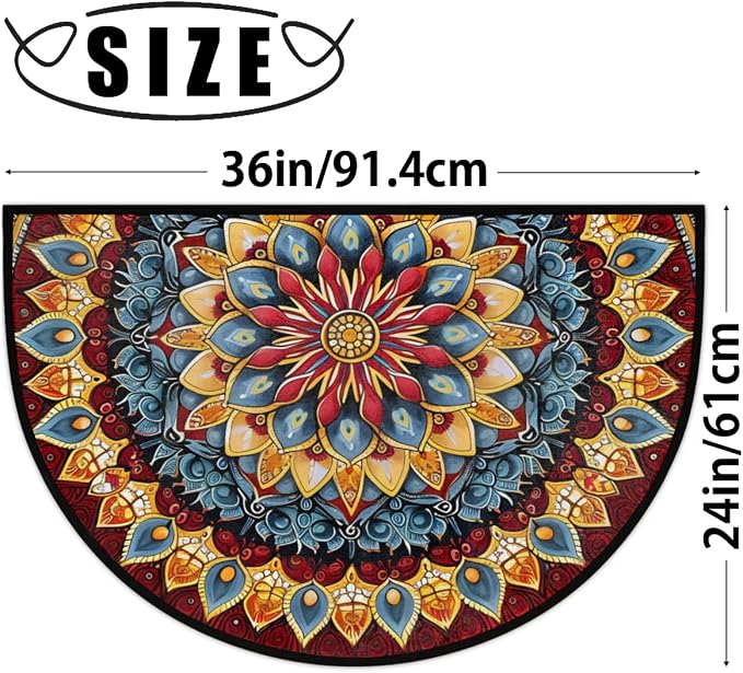 Mandala Red Half Round Door Mat Semi Moon Rug Fireplace Carpet Area Rugs | Mandala Red Non Slip Absorbent Half Circle Mat Carpet for Indoor Outdoor Patio Kitchen Bathroom Entryway Home Decor