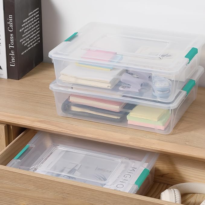 novelinks 10 Quart Clear Plastic Storage Containers with Lids (4 Pack) | Storage Bins with Lids, Stackable Small Clear Bins, Craft Storage Box, Paper Storage, Under Bed Storage Bins, Pencil Box