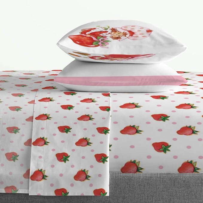 Jay Franco Kids Sheet Set with Fitted, Flat Sheets & Pillow Cover - Ultra-Soft Bedding with Pillowcase for Room Decor, White - Strawberry Shortcake, 4 Piece Full