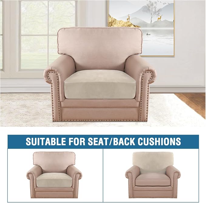 H.VERSAILTEX Velvet Stretch Couch Cushion Cover Plush Cushion Slipcover for Chair Cushion Furniture Protector Seat Cushion Sofa Cover (1 Piece Armchair Cushion Covers, Ivory)