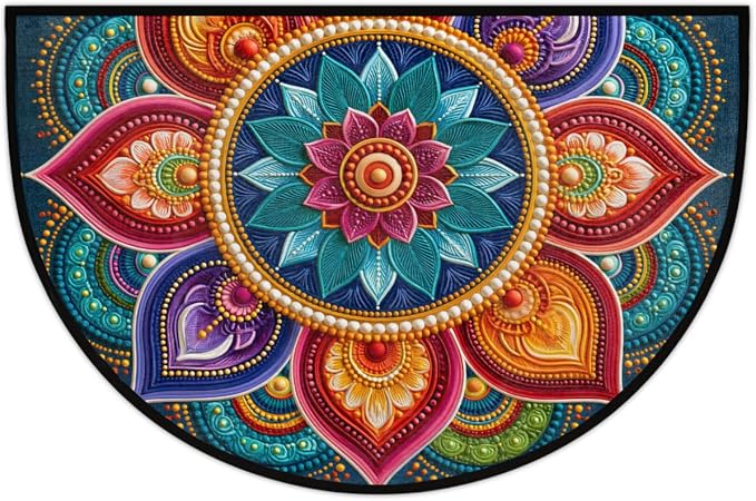 Flower Half Round Door Mat Semi Circle Rug Half Moon Doormat | Soft Washable Colorful Geometric Welcome Entrance Mat for Outdoor Indoor Floor Bedroom Bathroom Home Kitchen Festival Decor