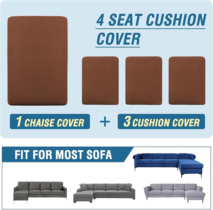 H.VERSAILTEX Sectional Couch Covers 4 Pieces Sofa Seat Cushion Covers L Shape Separate Cushion Couch Chaise Cover for Both Left/Right Sectional Couch (Seat Only: 1 Chaise + 3 Sofa, Caramel)