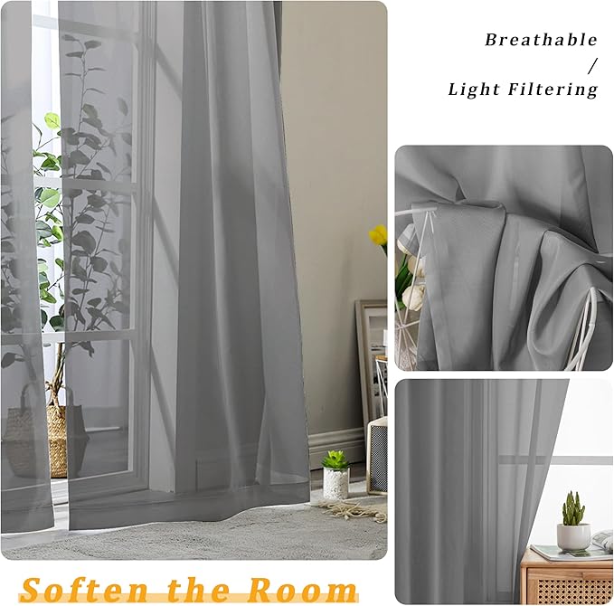 Gwine Charcoal Grey Sheer Curtains 90 Inches Long 2 Panels Set, Light Filtering - Image 3