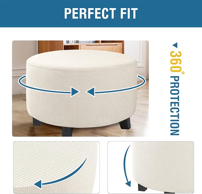 H.VERSAILTEX Ottoman Cover Stretch Ottoman Slipcover Round Ottoman Storage Cover Folding Stool Covers Furniture Protector Cover for Footrest Ottoman Fit Dia 20" - 23", Ivory