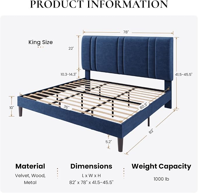 SHA CERLIN King Size Velvet Bed Frame with Adjustable Headboard, Blue | Vertical Channel Tufted Design, Upholstered Platform Bed, Wood Slats Support/No Box Spring Needed/Easy Assembly