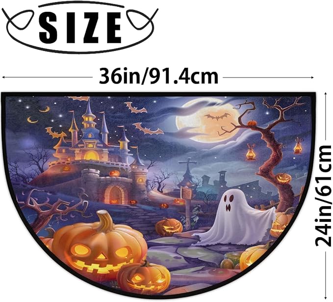 cfpolar Half Round Door Mat Halloween Pumpkin bat Ghosts Non-Slip Semi Circle Area Rug Washable Half Moon Hearth Rugs for Indoor Outdoor Bathroom Kitchen Patio Runner Mat Laundry Room Home Decoration