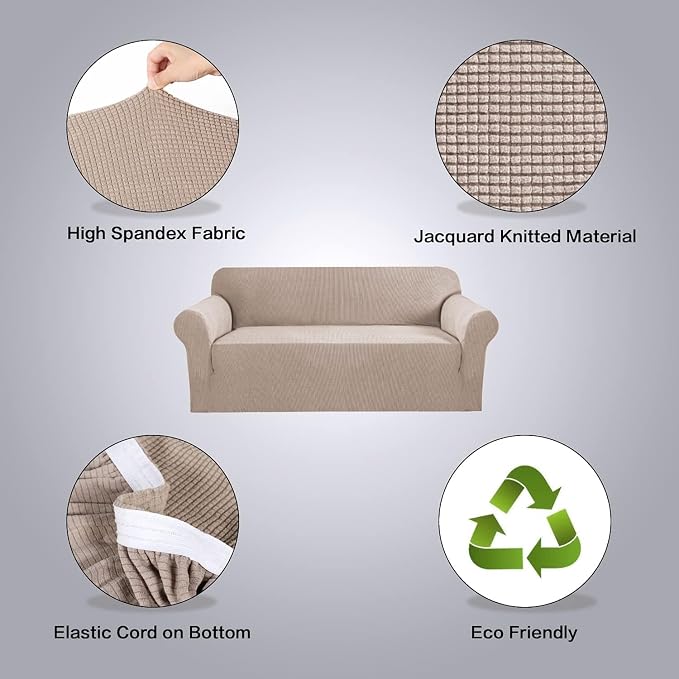 H.VERSAILTEX Stretch Couch Covers for Sofa 1 Piece Slipcovers for Couches and Sofas 3 Seater Couch Cover Feature Thick Checked Jacquard Fabric with Elastic Bottom(Large Sofa 90"-100" Wide, Sand)