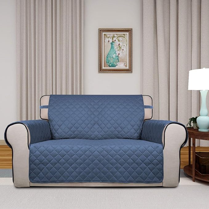 PureFit Reversible Quilted Sofa Cover, Water Resistant Slipcover Furniture Protector, Washable Couch Cover with Non Slip and Elastic Straps for Kids, Dogs, Pets (Loveseat, Dark Blue/Light Blue)