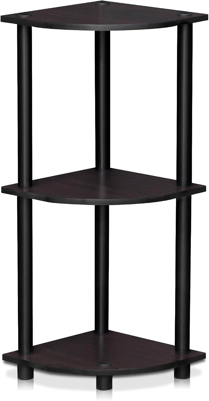 Furinno TURN-N-TUBE Corner Shelf, 3-Tier Corner Bookshelf, Display Storage Shelves with Open Shelves, for Organization and Storage, Living Room, Home Office, Garage, Dark Walnut