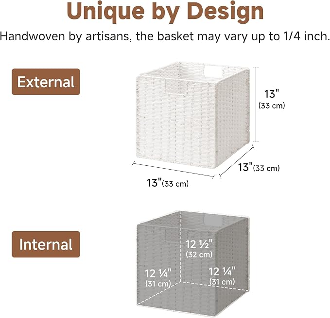StorageWorks 13 inch Wicker Storage Baskets,White Wicker Baskets,Foldable | 2-Pack,Handwoven Baskets for Organizing,Paper Rope Square Storage Cubes,Organizer Baskets,Wicker Storage Cubes,Square Baskets