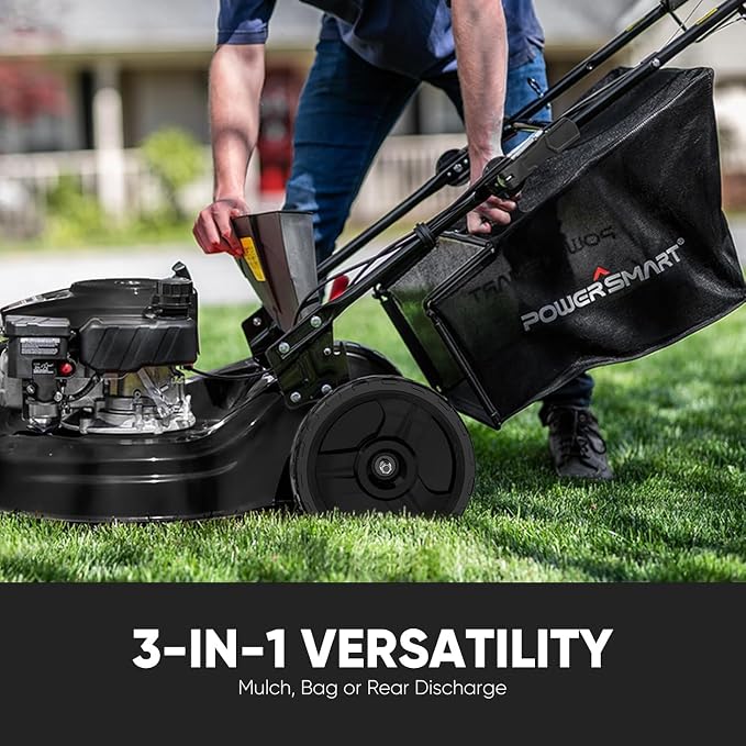 PowerSmart 22-inch 170cc 3-in-1 Self Propelled Gas Lawn Mower | 4-Cycle OHV Engine, Rear Bag/Mulching/Side-Discharge, 6-Position Height Adjustment, Steel Deck