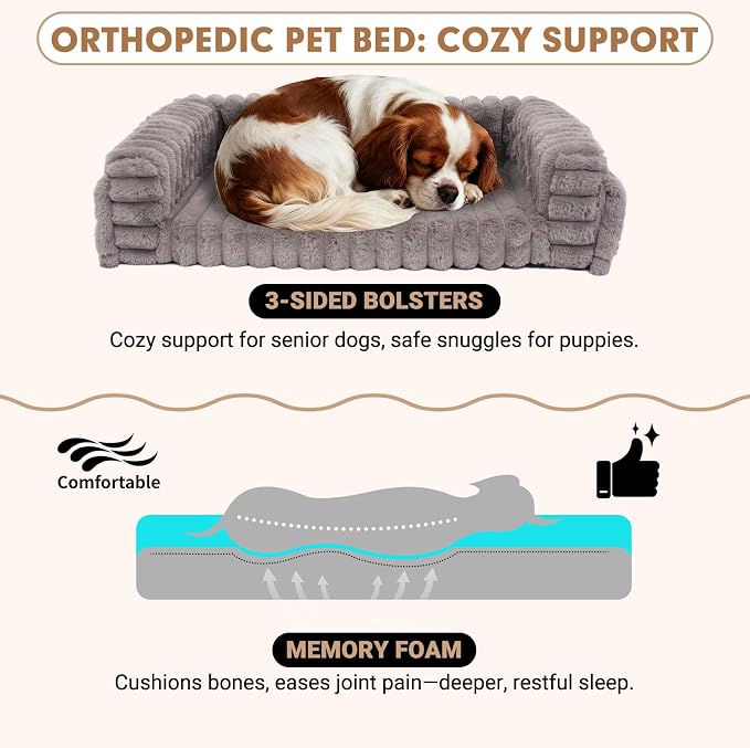 Beside Dog Bed, Adjustable Height Dog Bunk Beds, 27.5''x 18''Metal Dogs Bed Frame with Washable Removable Corduroy Cover, Memory Foam Pet Bed with Sides, for Small Dogs & Cats