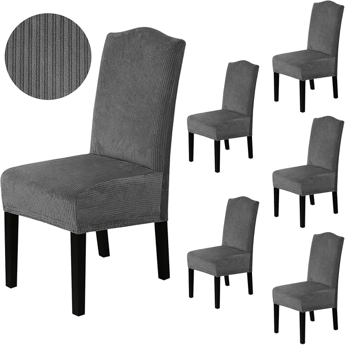 H.VERSAILTEX Velvet Dining Chair Covers Stretch Chair Covers for Dining Room Set of 6 Parson Chair Slipcovers Chair Protectors Covers Dining, Soft Thick Solid Velvet Fabric Washable, Grey Striped