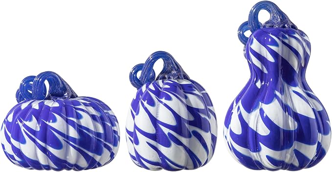 Glitzhome Hand Blown Glass Pumpkin 3pcs Fall Glass Gourd, Blue/White