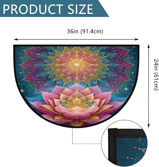 Lotus Half Round Door Mat Non Slip Half Circle Rugs | Mandala Color Washable Half Moon Rug Semi Circle Rugs Indoor Entrance Floor Carpet for Kithen Bedroom Fireplace Decor