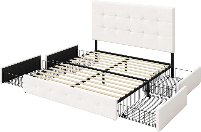 Allewie Upholstered Full Size Platform Bed Frame with 4 Storage Drawers and Adjustable Headboard, Square Button Tufted, Wooden Slats Support, Noise-Free, No Box Spring Needed, Easy Assembly, White
