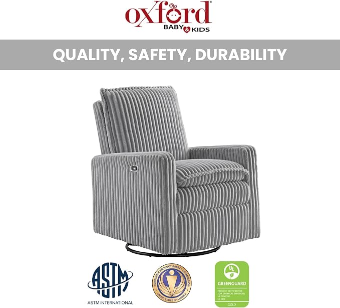 Oxford Baby Uptown Power Upholstered Glider Recliner Rocking Chair 270° Swivel for Nursery and Living Room – Corduroy Ash Gray, Green Guard Gold Certified