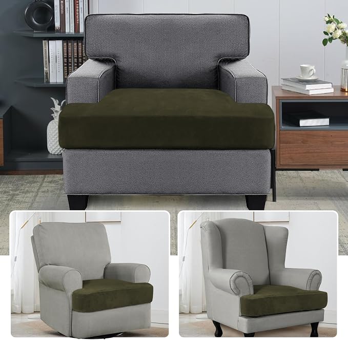 H.VERSAILTEX Stretch Velvet T Cushion Chair Covers for Living Room Armchair Sofa Cover Couch Cover Slipcover T Cushion Seat Cover (Armchair, Olive)