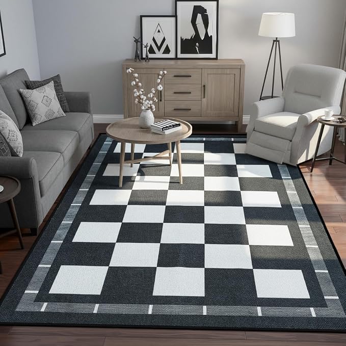Vasofe Plaid 3x5 Outdoor Patio Rug,Washable Jute Checkered Entryway Rugs | Black and White Indoor Bedroom, Farmhouse Neutral Front Door Mat,Modern Carpet for Porch Patio Balcony Kitchen